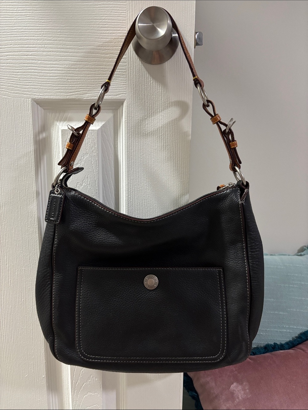Coach Black Pebbled Leather Shoulder Bag with Brown Strap